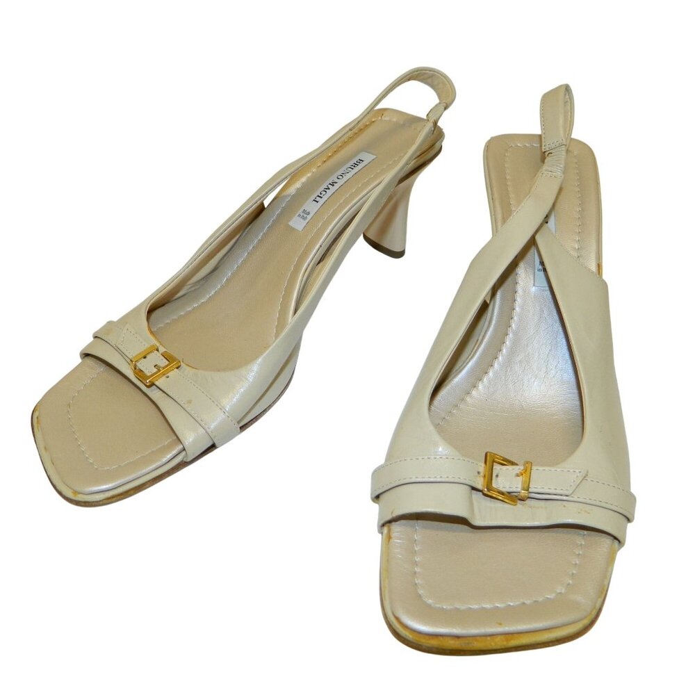 Bruno Magli Beige Leather Open-Toe Slingback Heels & Gold Buckle Size 7.5 B